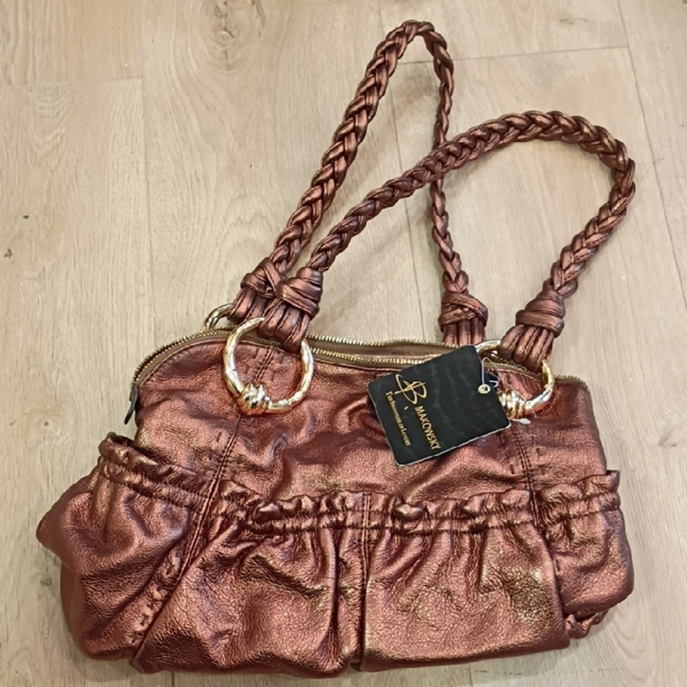NWT B. Makowsky Metallic Bronze Leather Shoulder Bag